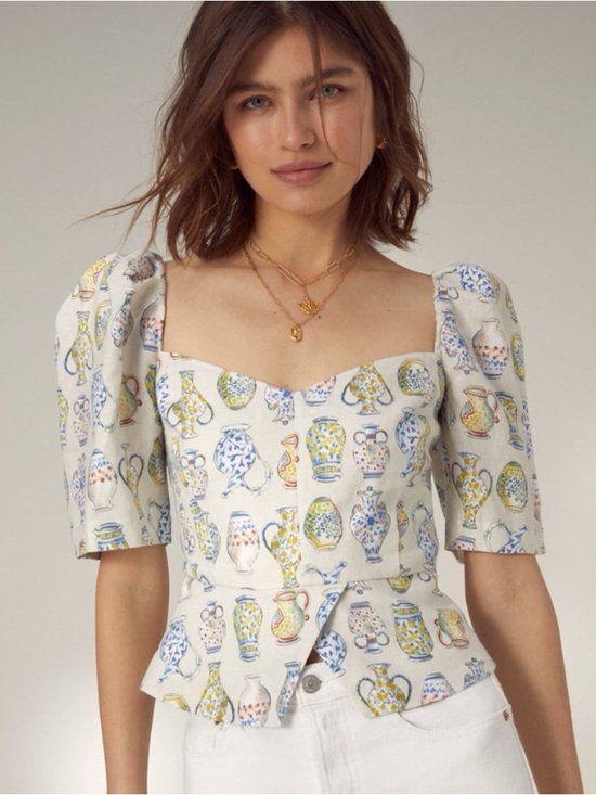 Wilfred Tops - WILFRED Fatale Vase Print Novelty‎ Cropped Puff Sleeve Linen Blouse Size XXS